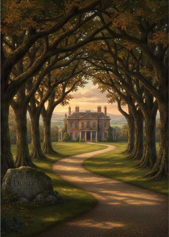 Home Found Me artwork: a winding drive under an avenue of old trees leads to a country house at dusk, with a stone marked Dunderry in the foreground.