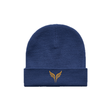 The cuff beanie in cobalt, with the gold wings on the turn-up.