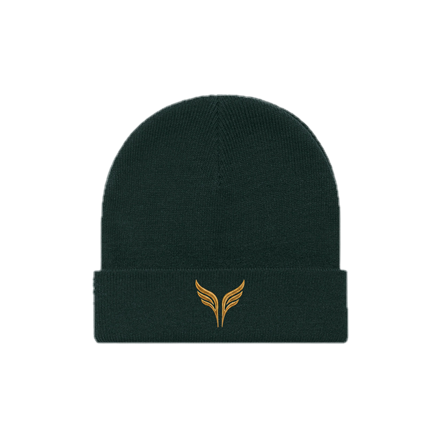 The cuff beanie in pine green, with the gold wings on the turn-up.