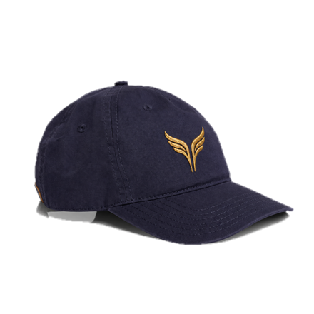 The five panel cap in midnight blue, with the gold wings embroidered on the front.