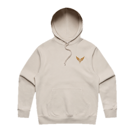 The heavy hood in bone, with the gold wings on the left chest.