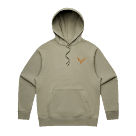 The heavy hood in eucalyptus, with the gold wings on the left chest.