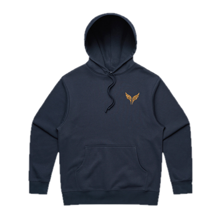 The heavy hood in midnight blue, with the gold wings on the left chest.