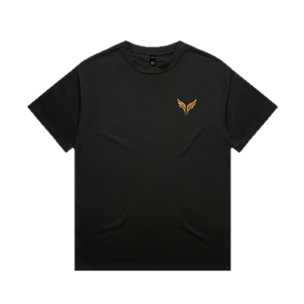 The heavy tee in black, with the gold wings on the left chest.