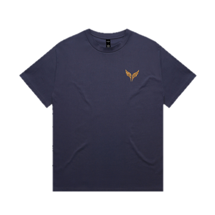The heavy tee in midnight blue, with the gold wings on the left chest.