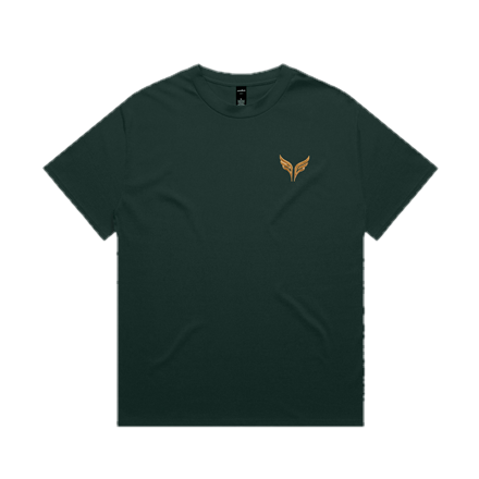 The heavy tee in pine green, with the gold wings on the left chest.