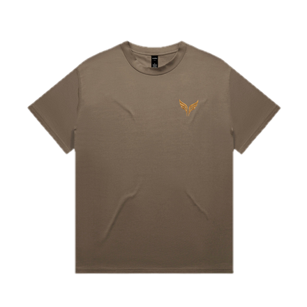 The heavy tee in walnut, with the gold wings on the left chest.