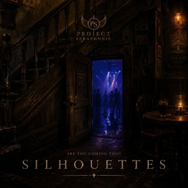 Silhouettes artwork: an old wooden pub stairway and a door opening onto a blue-lit dance floor.