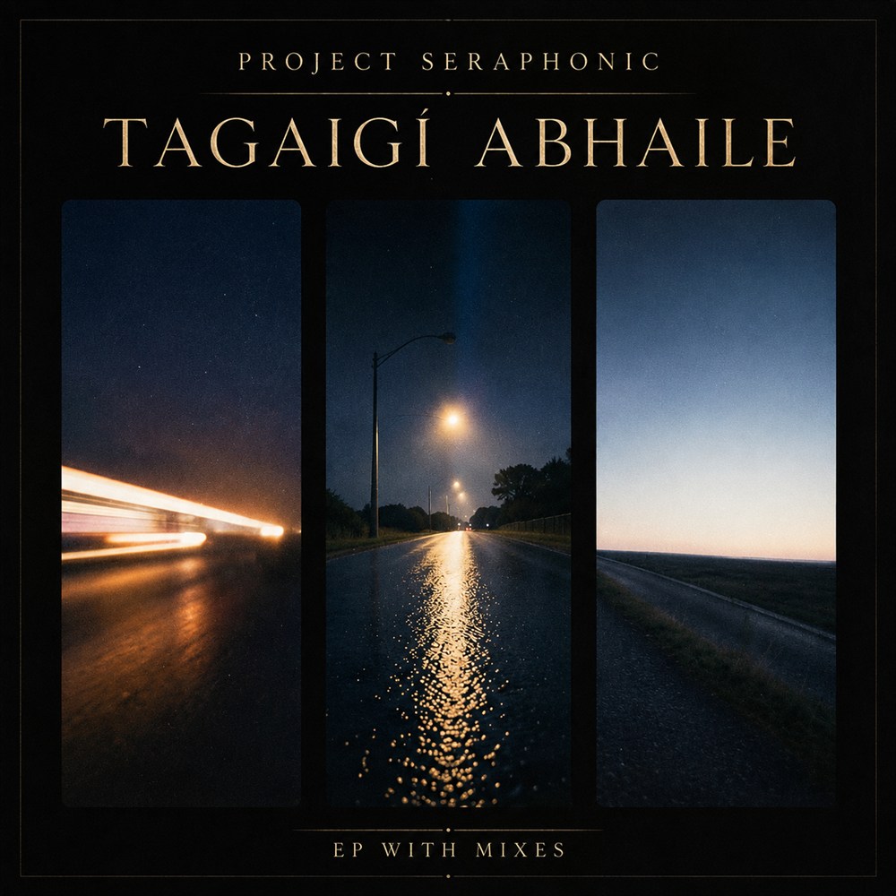 Tagaigí Abhaile EP artwork: three night photographs of a road, headlight trails, a wet road under streetlights, and an empty road at first light.