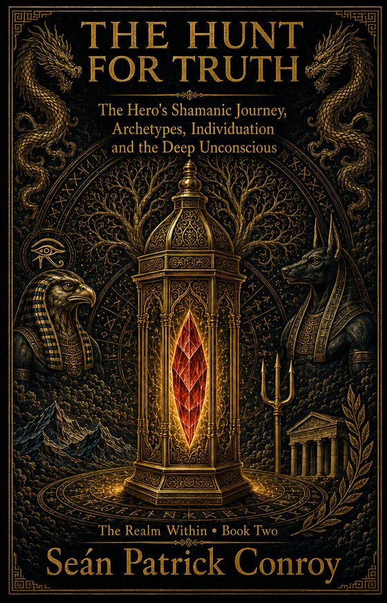 The Hunt for Truth book cover: a golden lantern holding a red crystal, flanked by Horus and Anubis, with dragons above.
