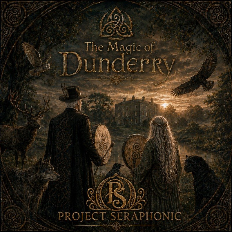 The Magic of Dunderry artwork: two figures holding frame drums face a country house at sunset, watched by a stag, an owl, a hawk, a wolf and a black cat.