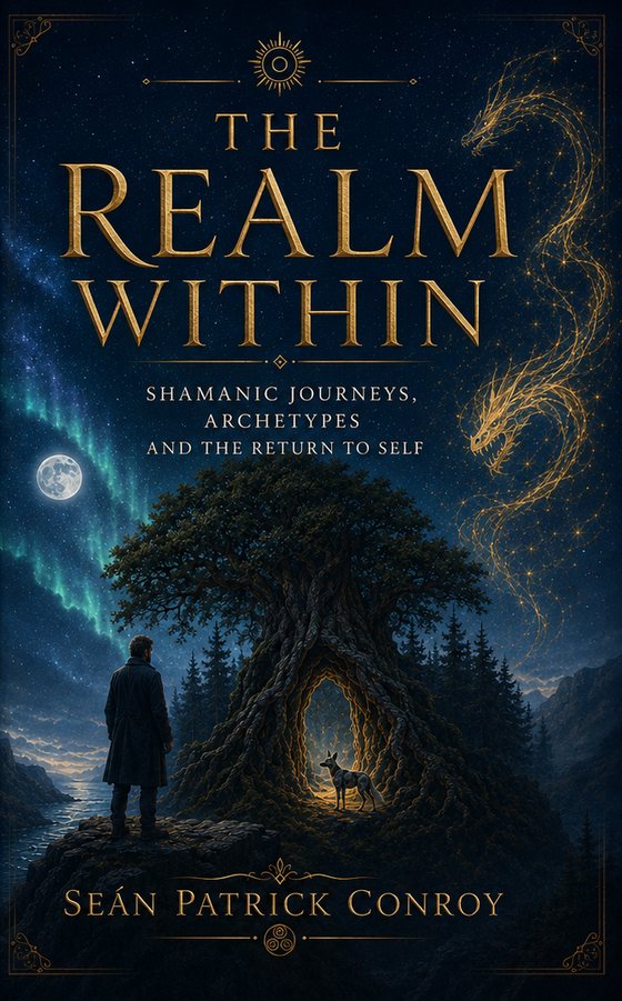 The Realm Within book cover: a man stands before a great tree with a glowing doorway in its trunk, under a moonlit aurora.