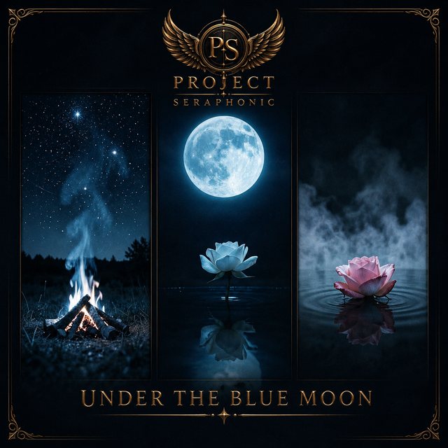 Under the Blue Moon artwork: a campfire under stars, a white lotus beneath a full moon, and a pink rose on dark water.