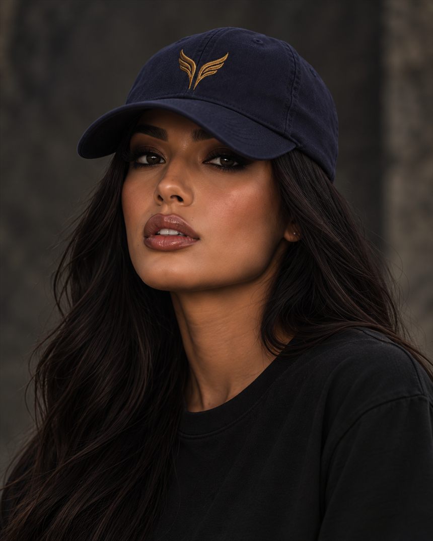 A woman in a midnight blue cap with the gold wings embroidered on the front panel.