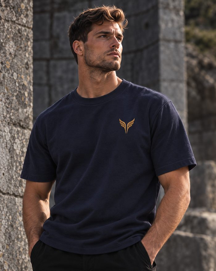 A man in a midnight blue t-shirt with the gold wings on the left chest.