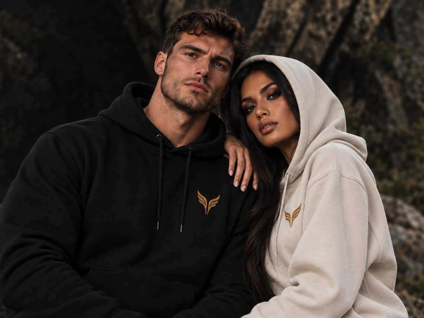 Two people against dark rock, one in a black hoodie and one in a stone hoodie, each with the gold wings embroidered on the chest.