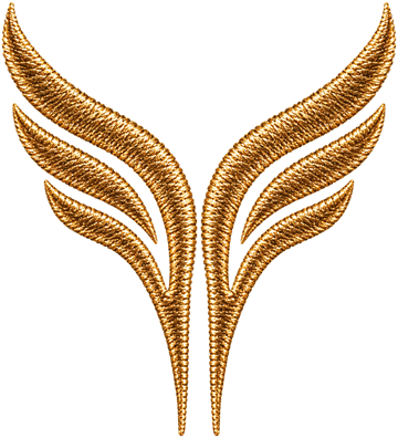 The Project Seraphonic wings: two gold wings rising from a single point, stitched in gold thread.